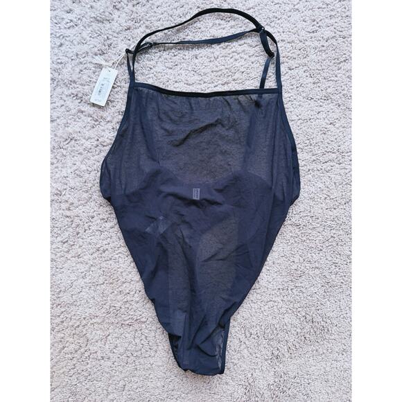 NWT Aerie Smoothiez Black Sheer Mesh Bodysuit Thong One Piece Medium Layer Goth - Picture 2 of 6